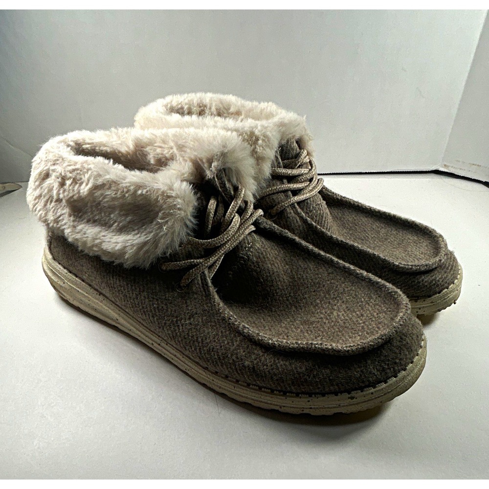 Hey Dude Women's Bootie Shoes Faux Fur Lined Lace Up Gray/White Sz 9